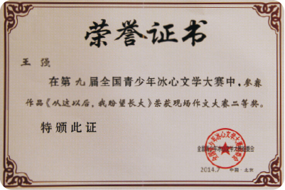 王强现场作文大赛二等奖